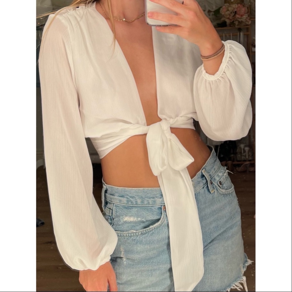 White Tie Front Long Sleeve Top